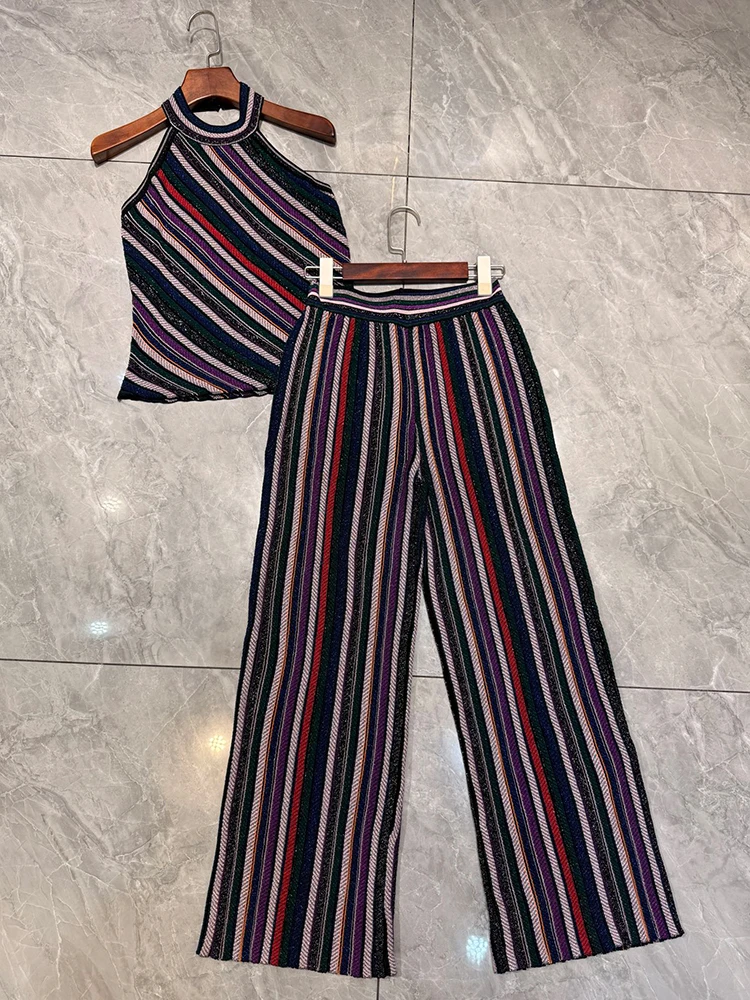 Retro color diagonal stripe hanging neck knitted suspender top two-piece set for 2026 summer women's clothing+knitted pants set