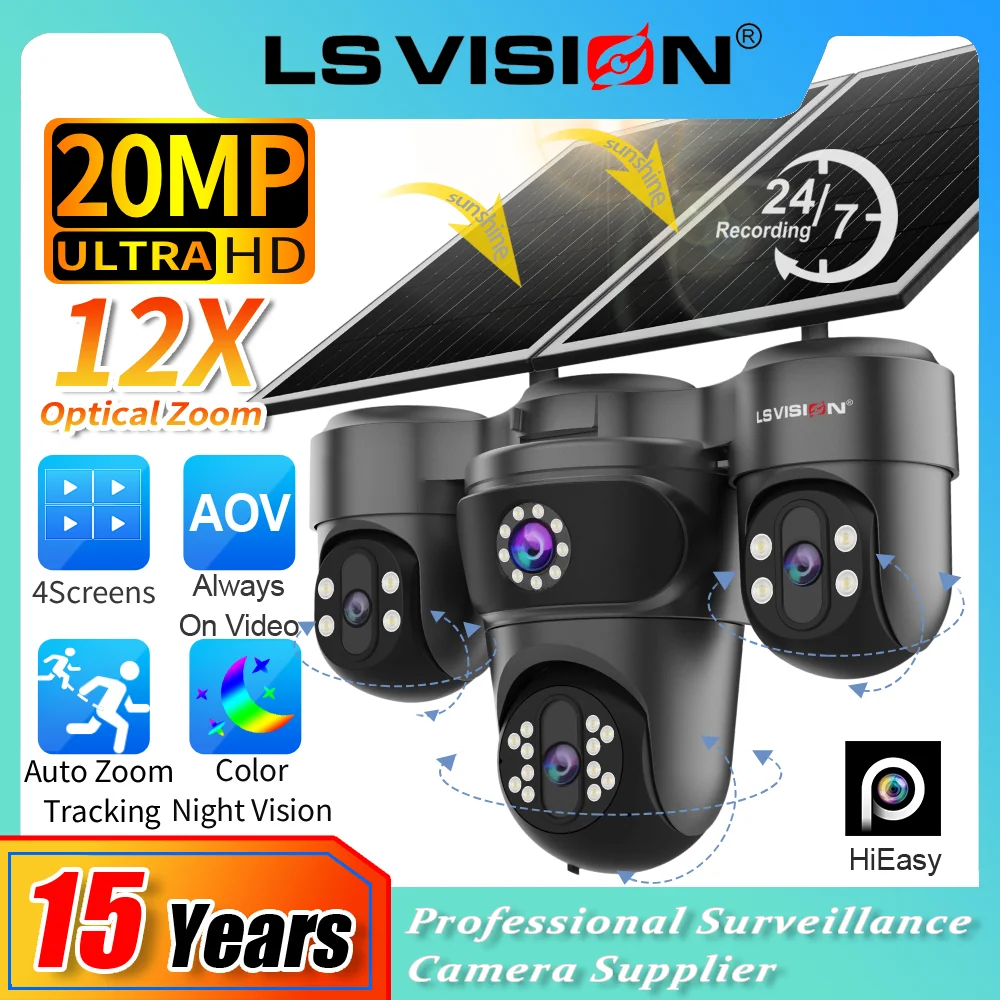 LS VISION Cámara de Vigilancia Exterior Solar con Zoom Óptico 12X y 4 Pantallas, SIM 4G, Grabación de Video 24/7, IA, Zoom Automático y Seguimiento