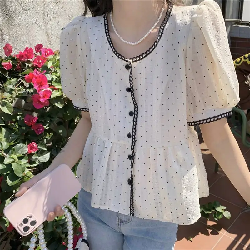 Shirts Women Sweet College Retro French Style Ulzzang Kawaii Ins All-match Летние Рубашка Женская Tender Daily Basic Design Soft