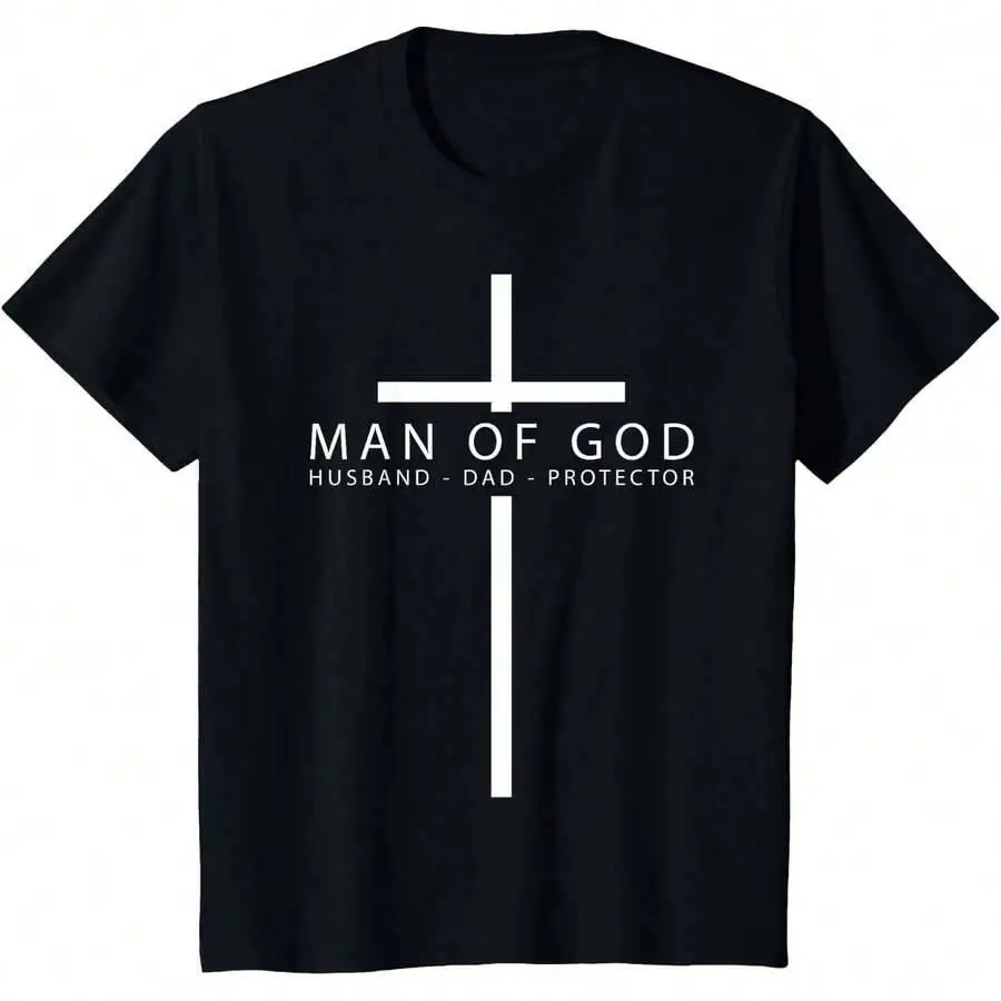 Man Of God Funny Father's Day Men Husband Dad Protector T-Shirt 100% Cotton Trendy Y2K Short-Sleeve Tee-Soft, Quick-Drying,