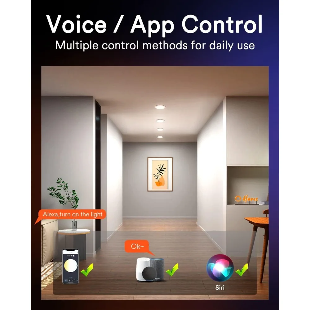 Iluminación empotrada inteligente, luces empotrables LED sin can de 4 pulgadas, 9W, 780lm, luz empotrada LED que cambia de Color, luces de techo Wi-Fi y Bluetooth