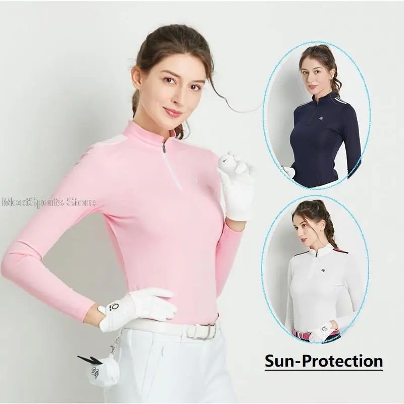 

Ladies Long Sleeve Ice Silk Golf Shirts Women Sunscreen T-Shirt Zipper Collar Slim Fit Golf Tops Girl Quick-Dry Sportswear S-XXL