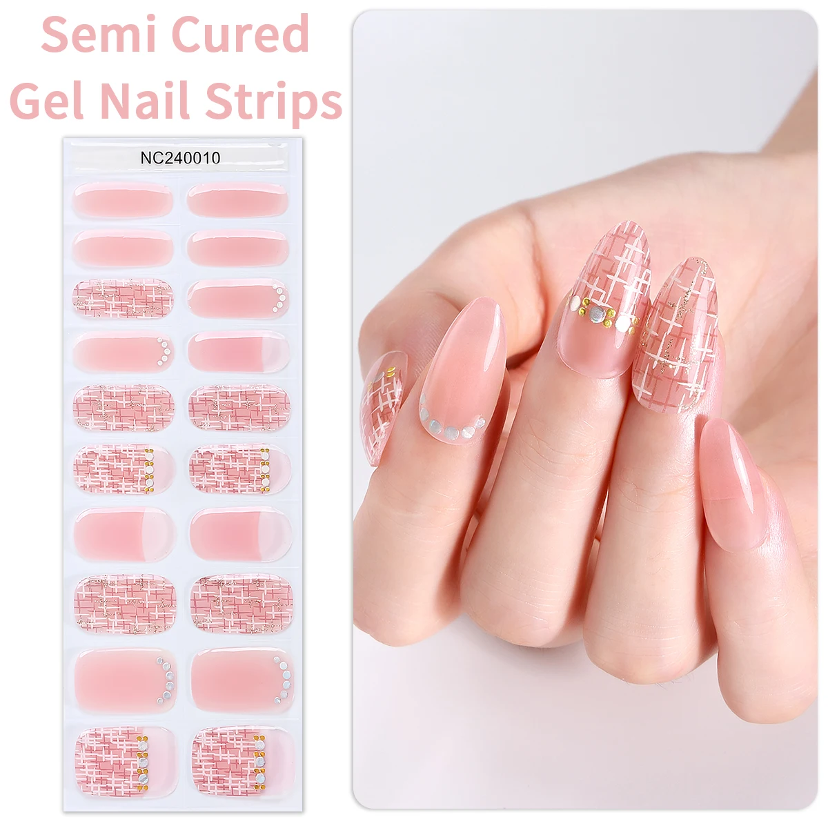 

20Tips Pink French Semi Cured Nail Gel Strips Gradient Star Moon Gel Nail Stickers Long Lasting Self-Adhesive Nail Wraps