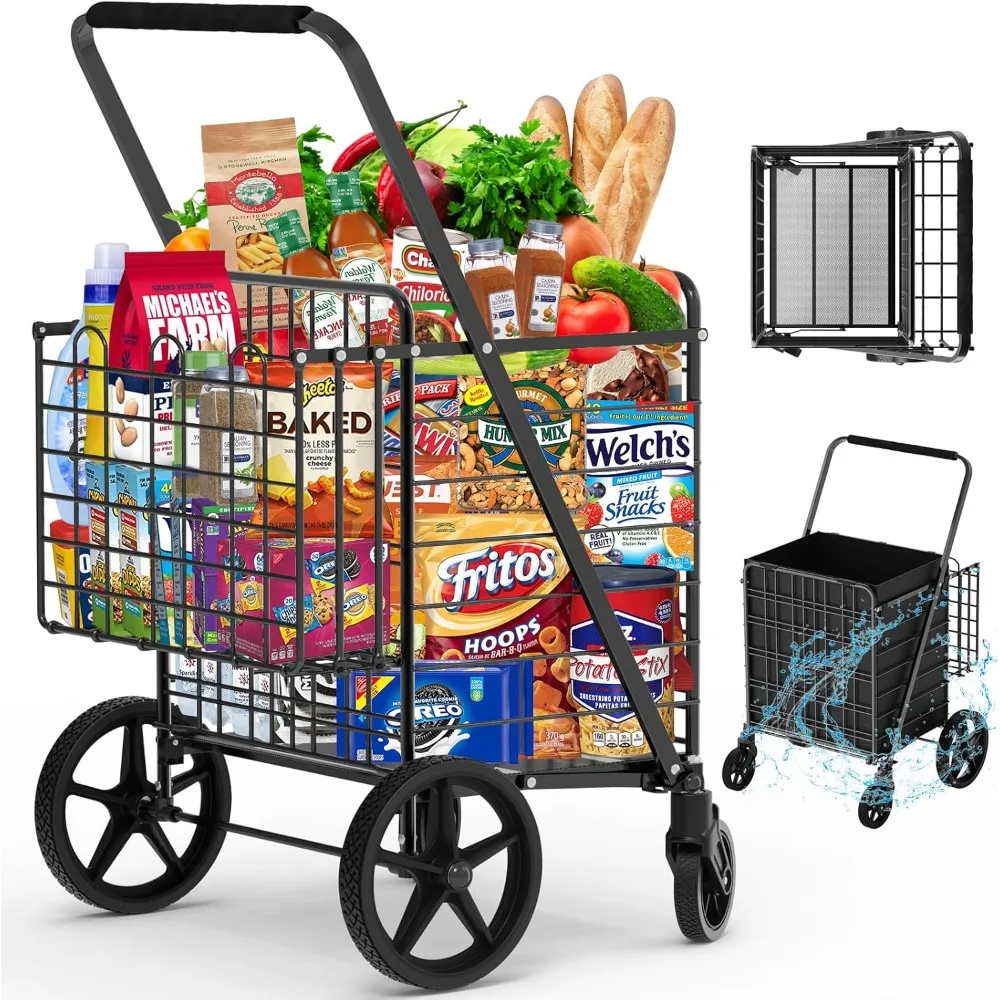 Shopping Cart on Wheels,Heavy Duty Foldable Utility Shopping Carts with Double Basket and 360° Rolling Swivel Wheels