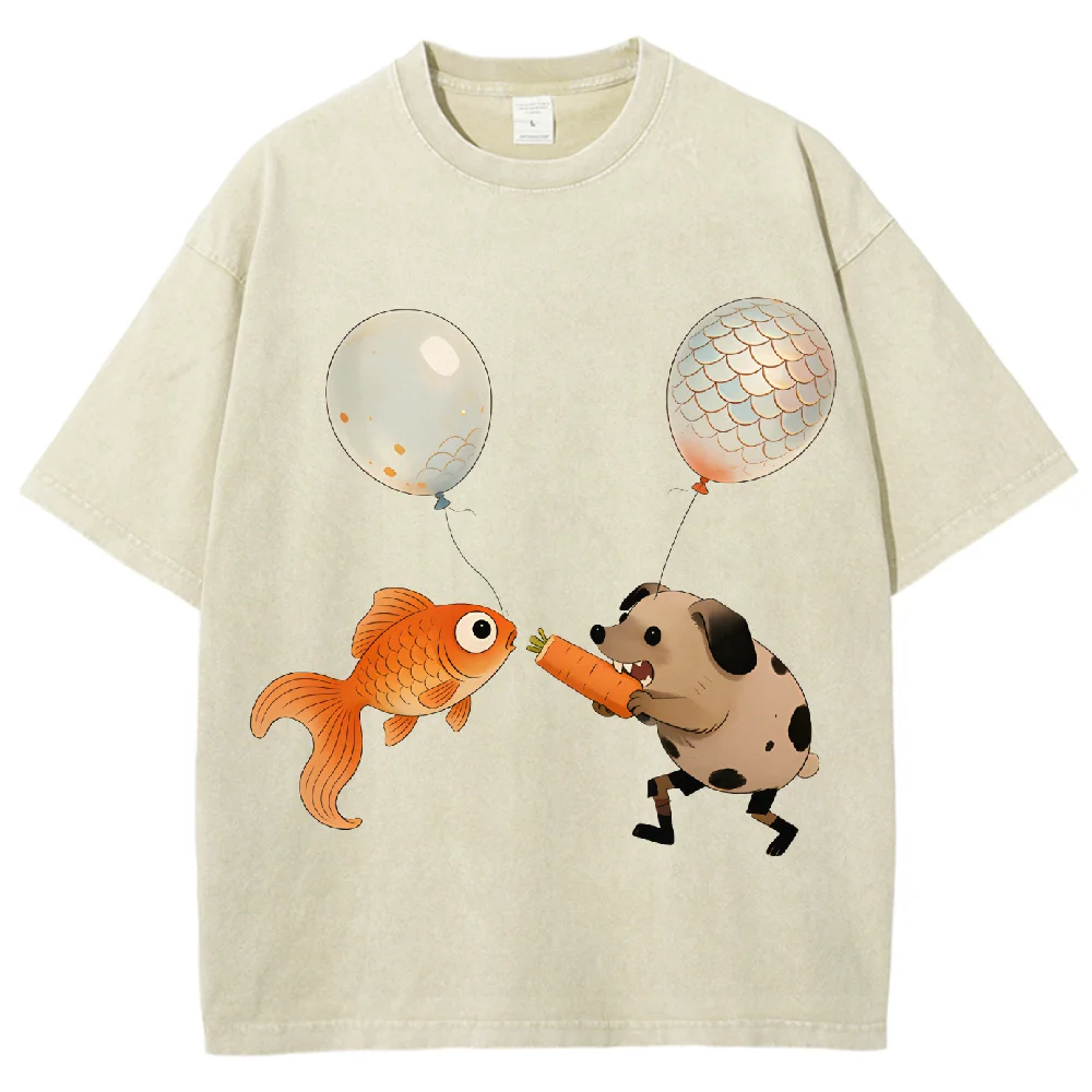 

Washed Fish Dog Balloon Print Oversized T Shirt Unisex Waffle Texture Y2K Retro Casual Graphic Tee for Animal Lovers Summer