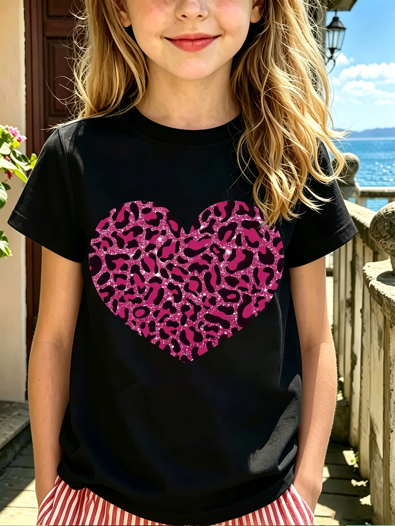 Kids Family Matching T Shirt Pink Glitter Leopard Heart Print Short Sleeve Cotton Tops For Boys Girls Daily Casual Outfit