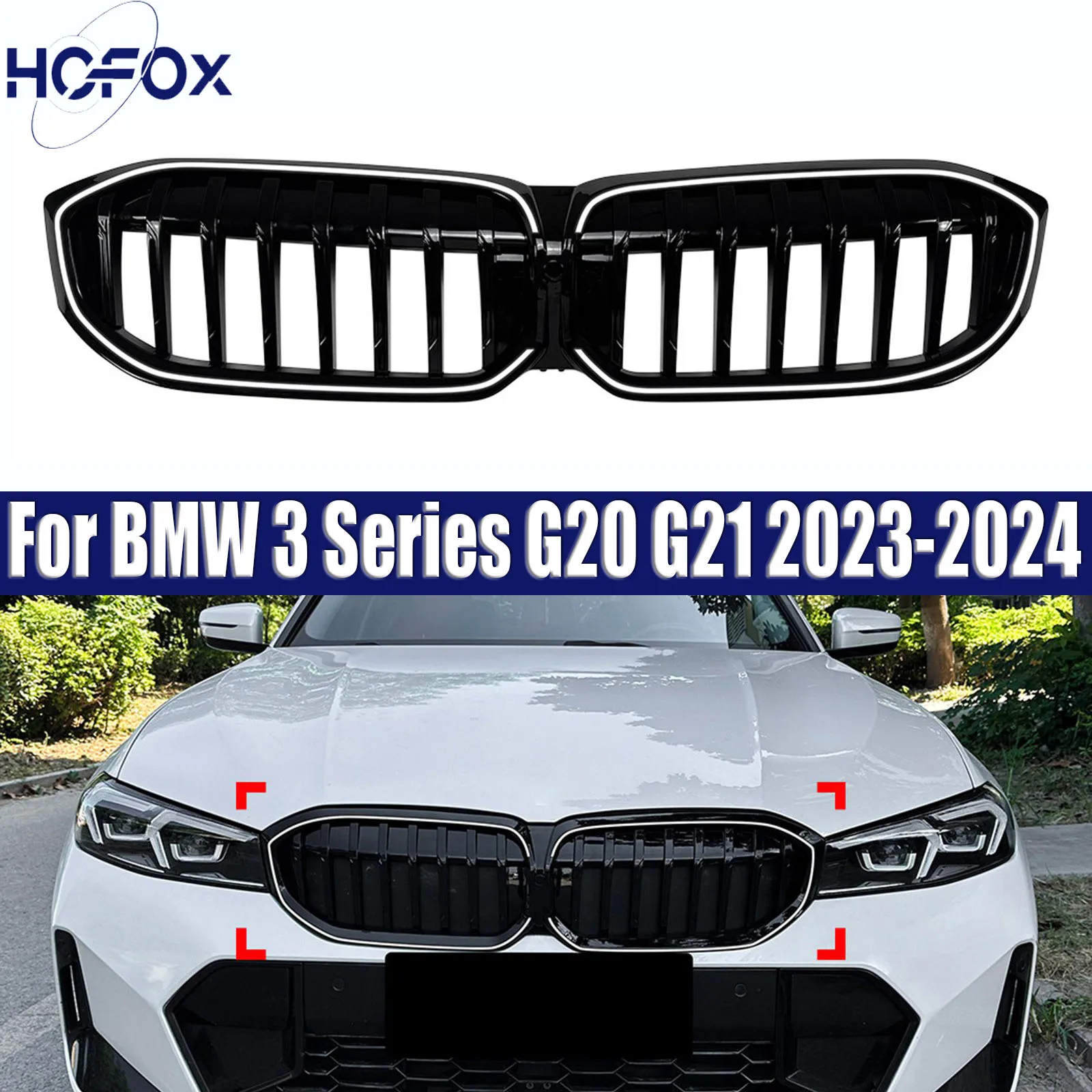 

Front Kidney Grille Glossy Black Grill For BMW 3 Series G20 G21 2023-2024 Singal Slat with Light