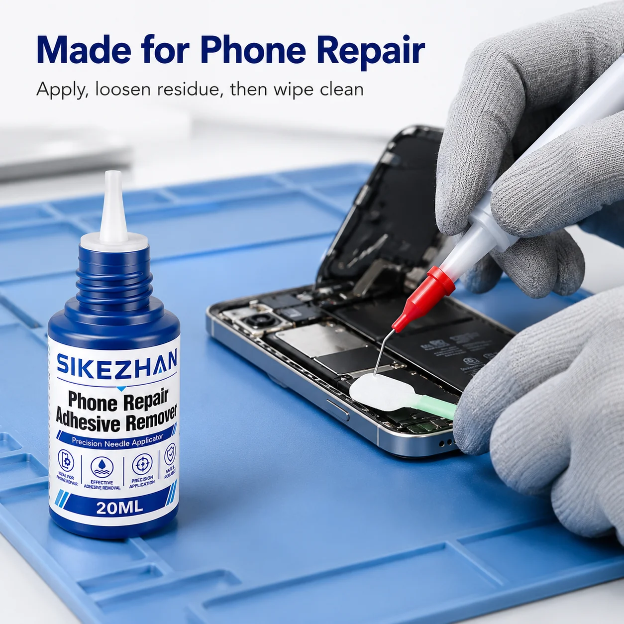20ml Cell Phone Repair Adhesive Remover with Fine Needle Nozzle and 5 Cleaning Swabs for Screens, Frames and Back Covers