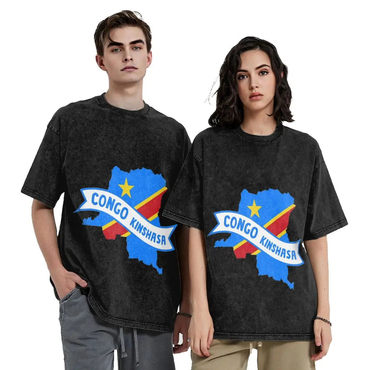 Free Congo Flag Hip Hop Short Sleeve T-Shirts Washed Tops Tees Streetwear T Shirt Printed for Men woman
