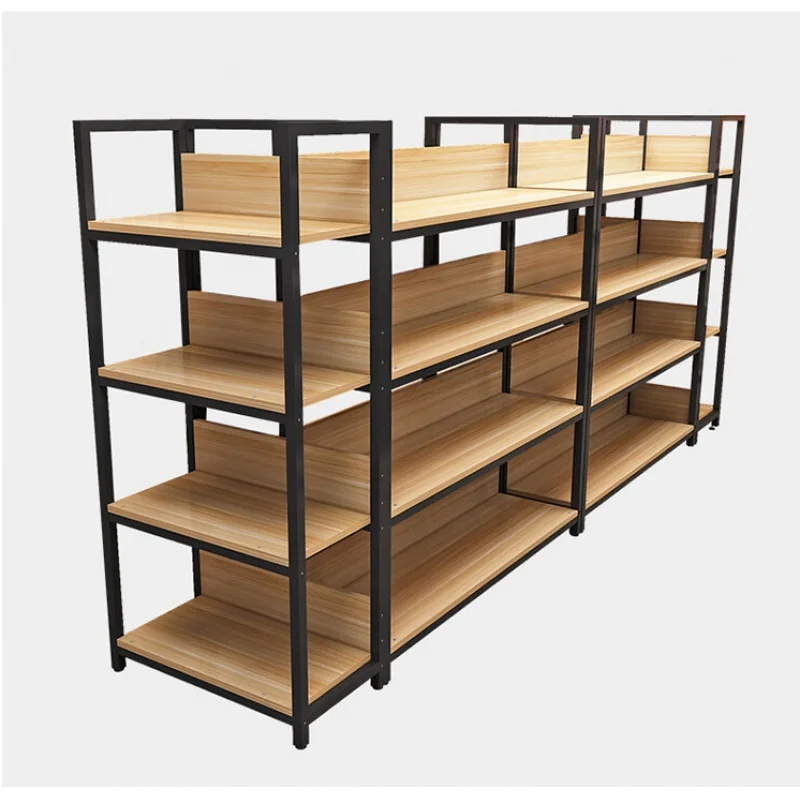 custom.Customized Wood Grain Supermarket Shelving Wood Metal Retail Shelf Display Rack Multilayer Grocery Store Gondola Shelf