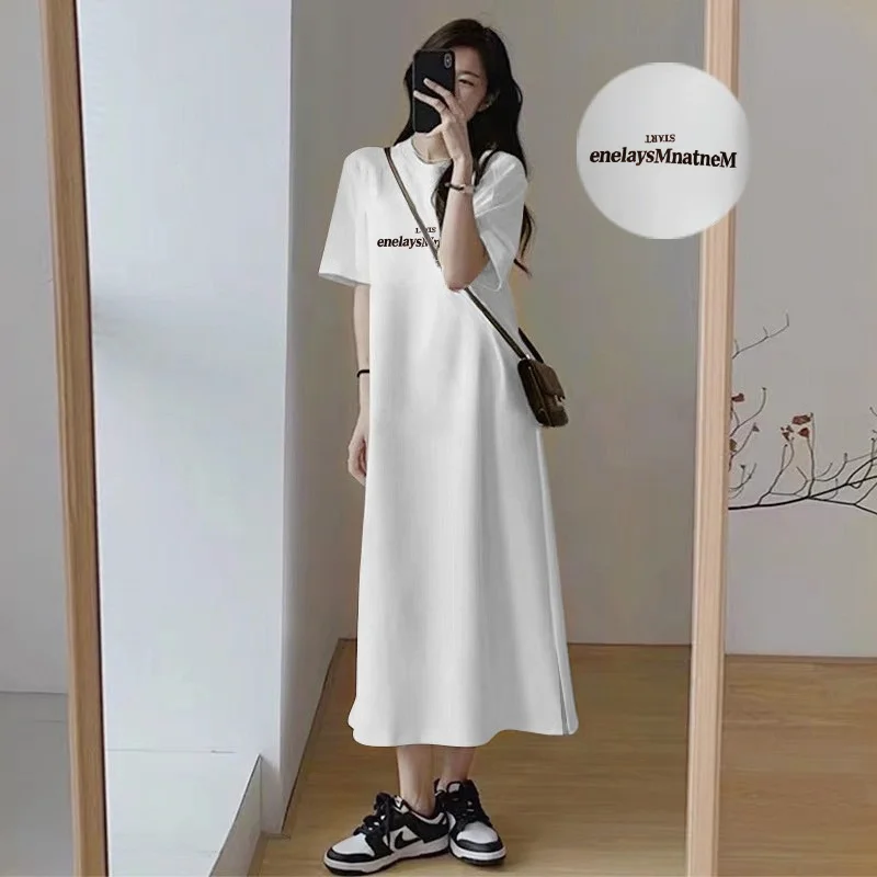 Women Letter Print Side Slit T Shirt Maxi Dress Summer Loose O Neck Short Sleeve Casual Long Tshirt Dresses Plus Size Loungewear