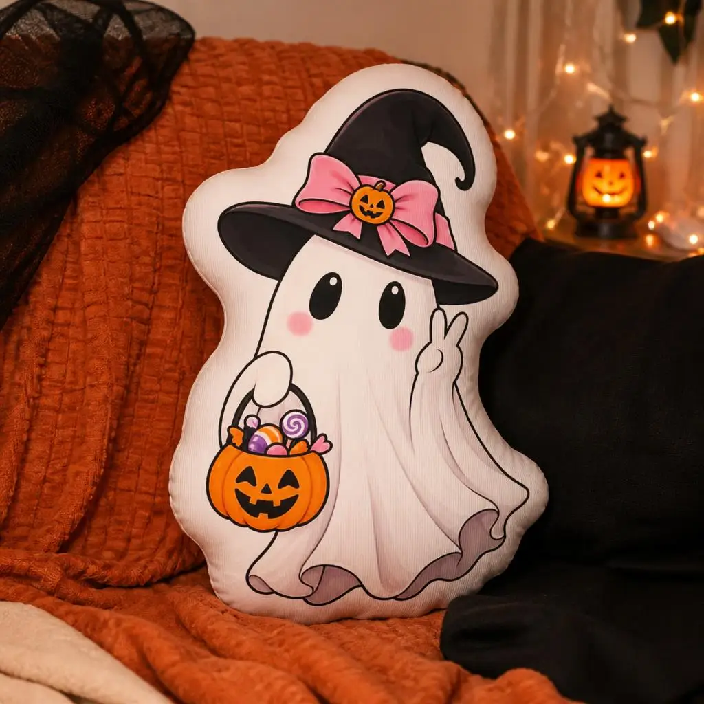 Cute Halloween Ghost Witch Throw Pillow Shaped Stuffed Cushion with Candy Bucket Trick or Treat Home Decor Sofa Accent Decor