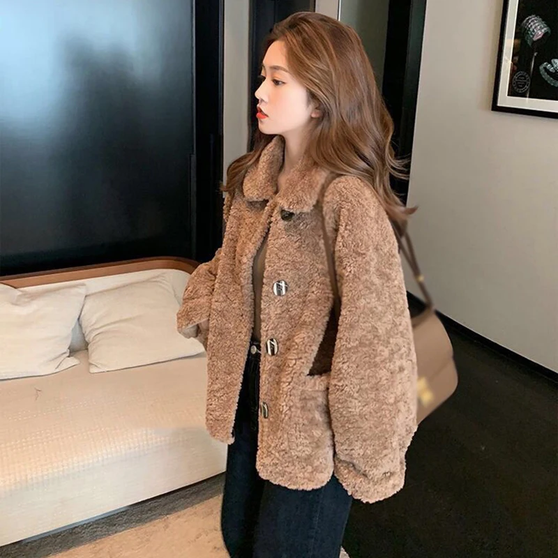 Artificial Lamb Plush Jacket Women Autumn Winter Long Sleeve Loose Lapel Warm Coat Ladies Sweet All-Match Plush Outerwear New