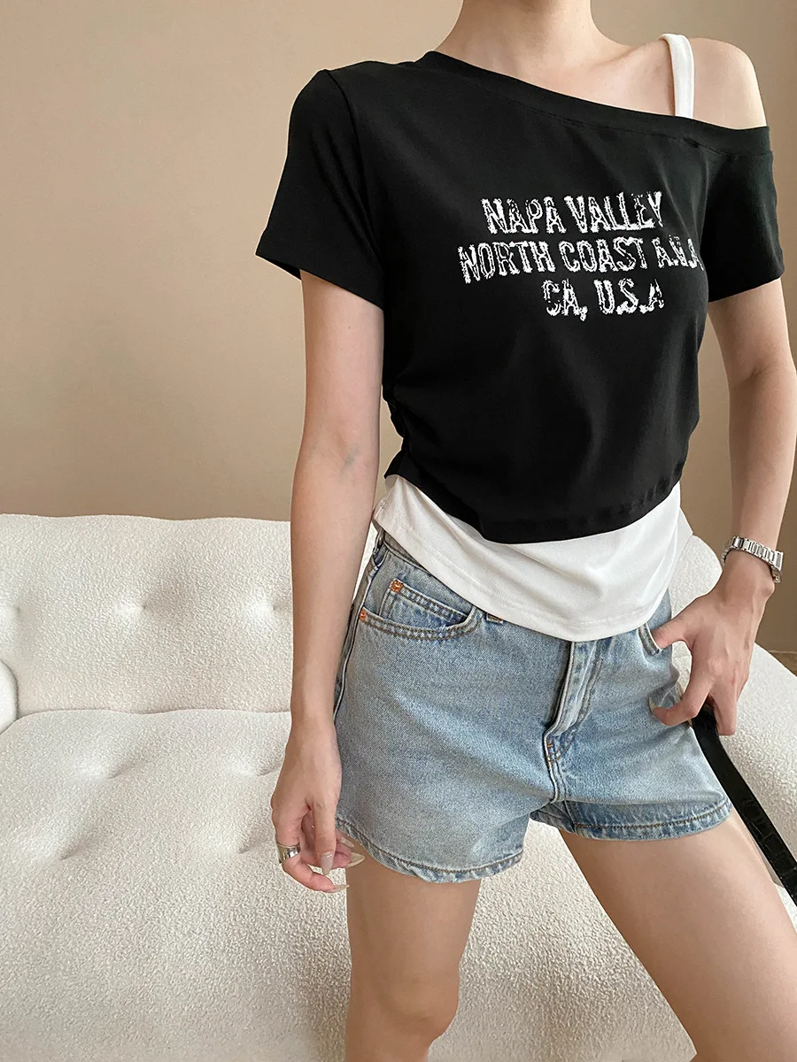

Summer women's casual letter printed slanted neck short sleeved fake two piece slim fit T-shirt