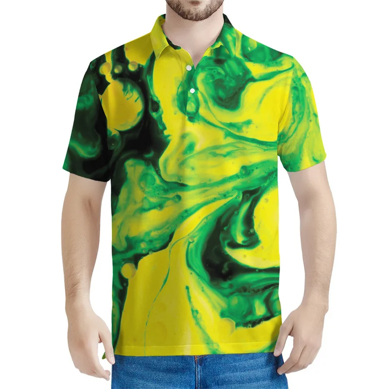 Polo con patrón de flujo de líquido de pigmento colorido para hombre, 3D con estampado de manga corta Camiseta holgada, Tops casuales, camisetas con solapa de calle, Verano