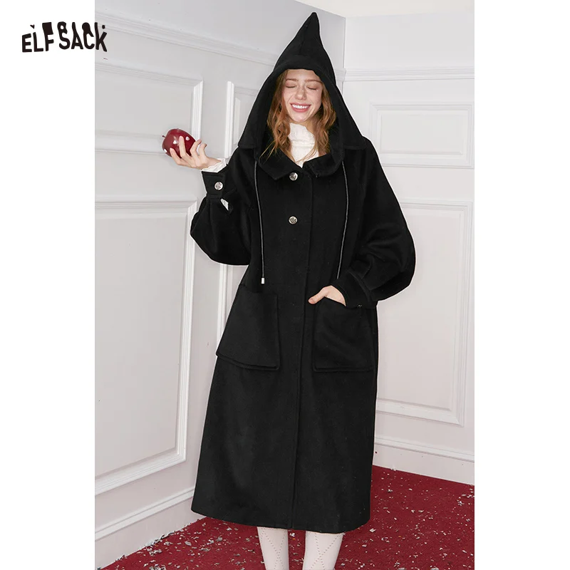 ELFSACK Women Long Wool Coat 2025 Winter Witch Hood Lantern Sleeve Gothic Casual Office Outerwear