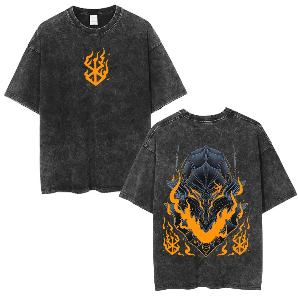 Japanese Anime Berserk Guts Griffith T Shirts Men's Clothing Vintage Washed Short Sleeve Oversized T-shirts Gothic Retro T-shirt