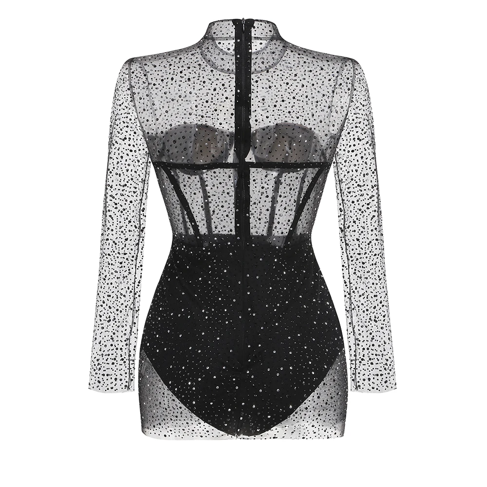 Robe découpée en diamant pour femmes, Sexy, Perspective, col rond, manches longues, courte, luxe, Haute Couture, petite robe