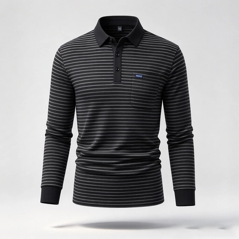 Herren-Polohemd mit langen Ärmeln und Brusttasche, gestreift, lässiger Business-Look, Herbst, Alltag, weich, atmungsaktiv, Herrenbekleidung. – Detail 8