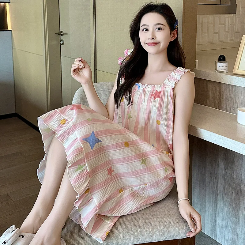 Summer Women Princess Style Camisole Nightgown Girls Cute Chest Pad Sleepshirts Lady Casual Sleeveless Ruffles Sling  Pajamas