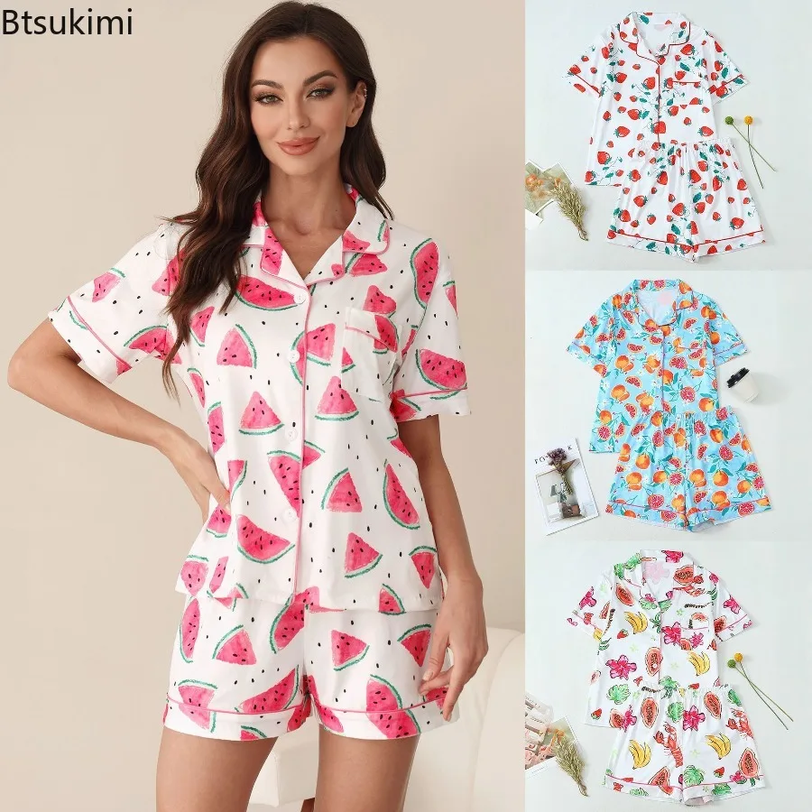 Women's Fruit Printed Pajama Set Casual Lapel Cardigan Short Sleeved Shorts Home Wear Summer Thin Casual Loose Pajamas Ladies