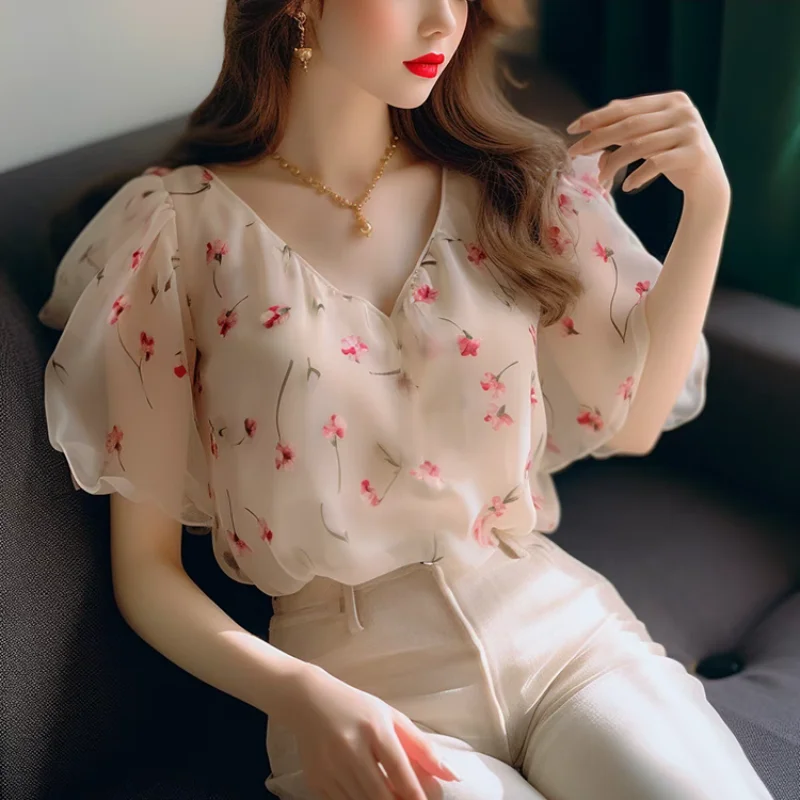 2024 New Summer Korean Version Fashionable, Elegant and Unique Pullovers Short Sleeved V-neck Printed Pleated Women's Shirt Top