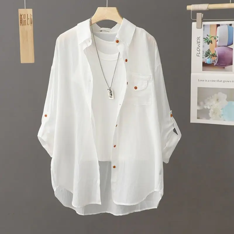 Summer Casual Loose Thin Long Sleeve  Color Outerwear Women's Polyester Fiber Shirt Simple Versatile Sun Protection