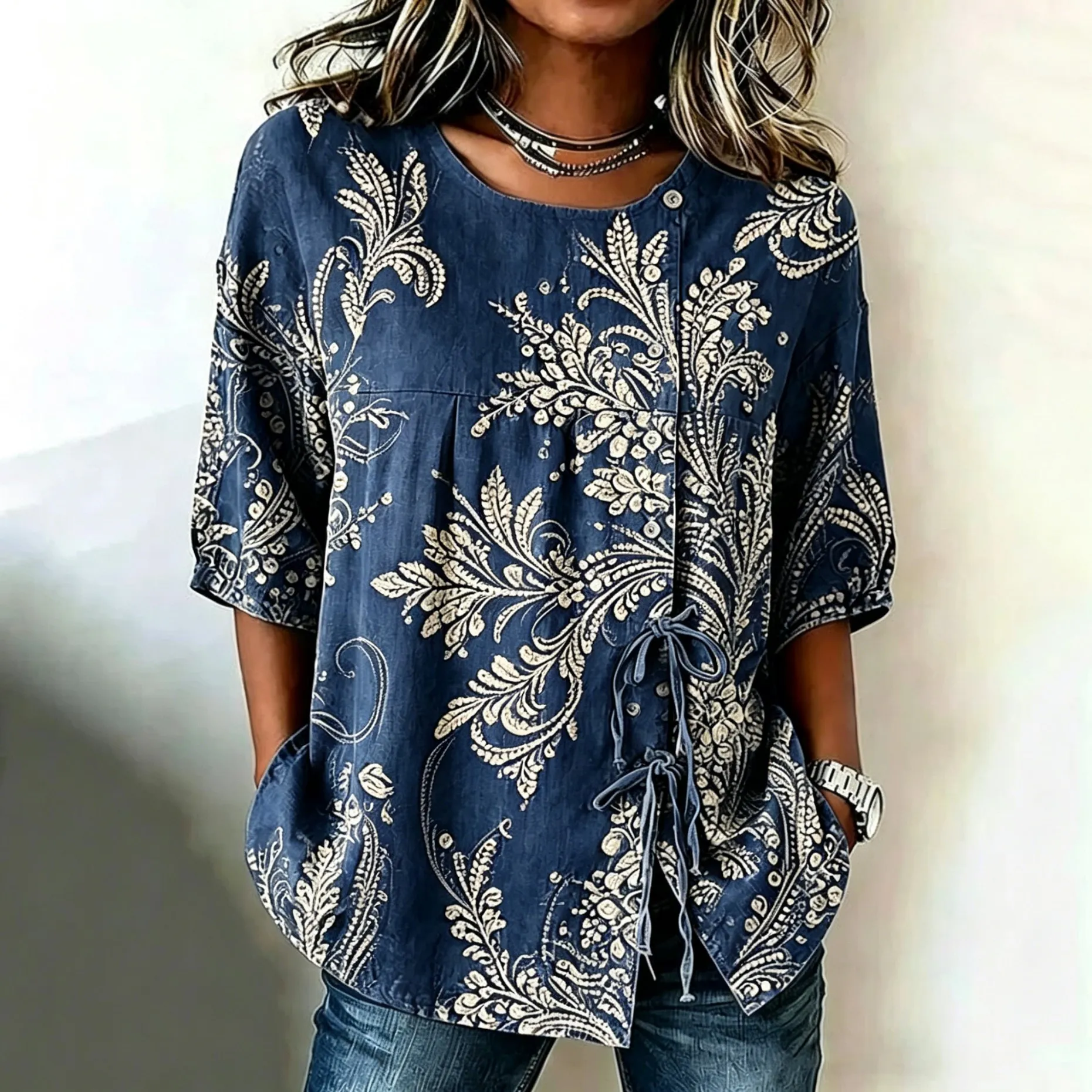 

Women's Navy Blue Floral Paisley Print Button & Tie Front Blouse, Casual Stylish Top for Spring Summer Daily & Versatile Wear
