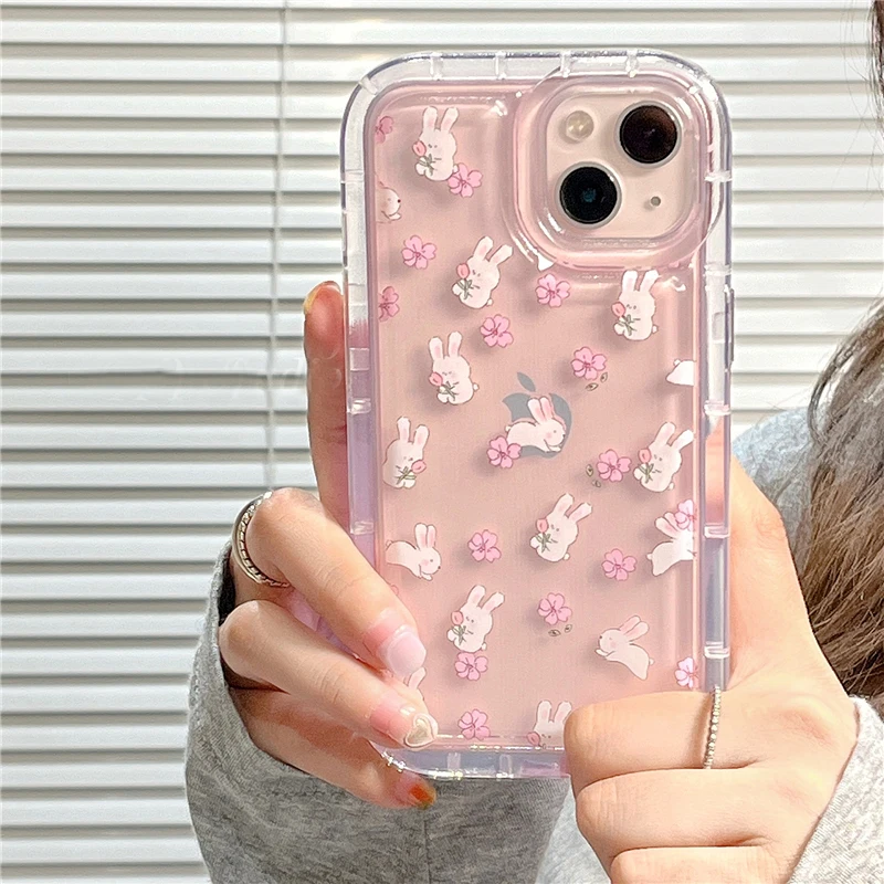 Cartoon Rabbit Phone Case For iPhone 15 Pro Max Case iPhone 16 14 13 11 12 Pro X XR XS Max 7 8 Plus Cute Bunny Air Cushion Cover