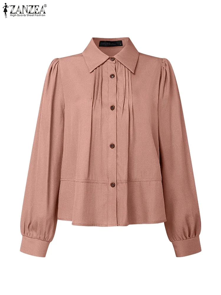 ZANZEA Frauen Hemd Langarm Elegante Büro Dame Tops 2025, Herbst Tasten Revers Casual Solide Blusas Mode Streetwear Blusen