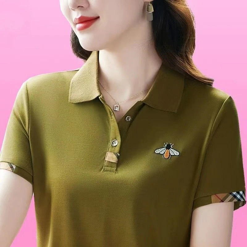 Polo Shirt Short Leeve T-shirt Women's Summer 2025 New Loose Ladies Slim Collar Polo Top Woman Clothing