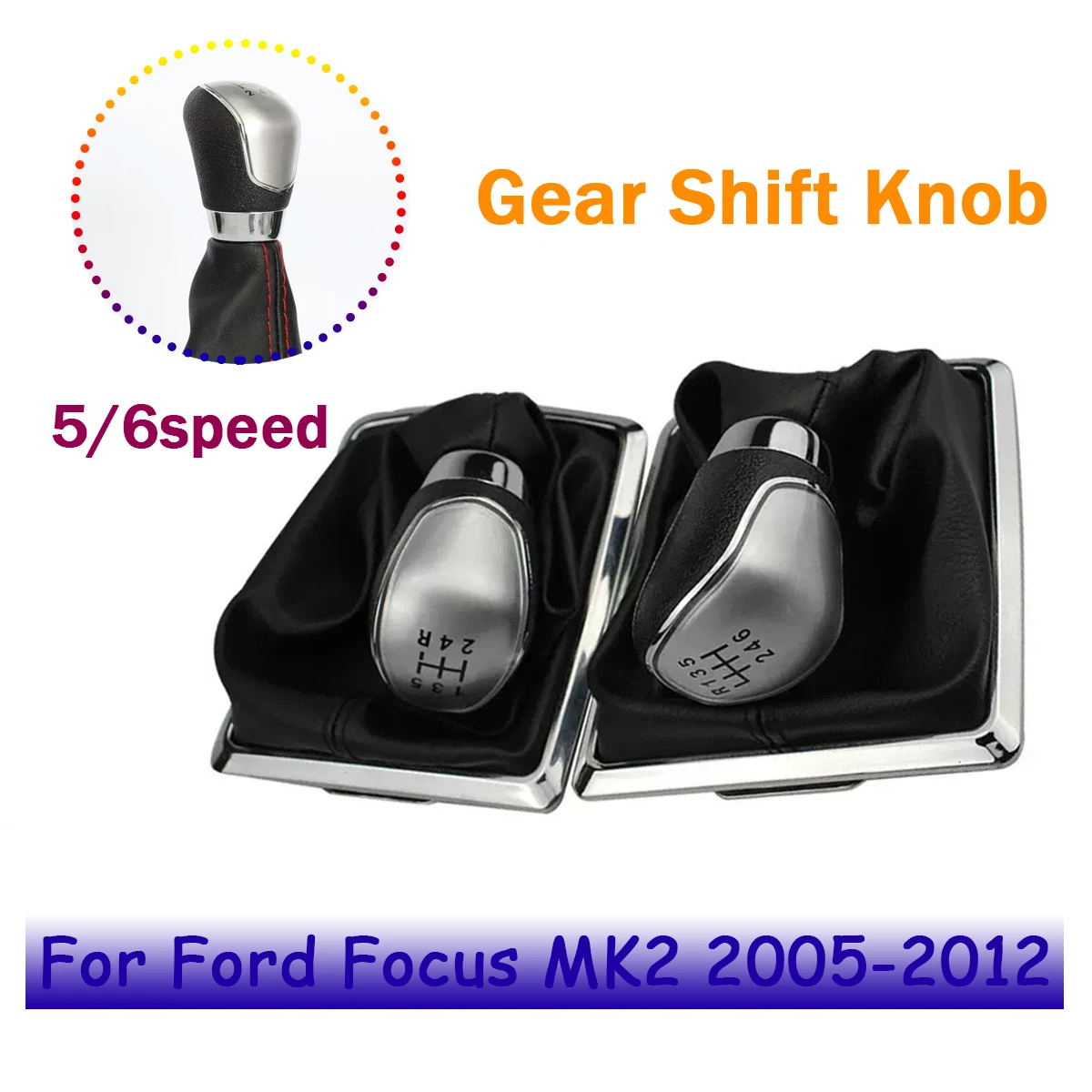 Gear Shift Knob & Boot For Ford Focus MK2 2005-2012, 5/6 Speed Shifter Dust Cover Replacement, Black & Red Stitching
