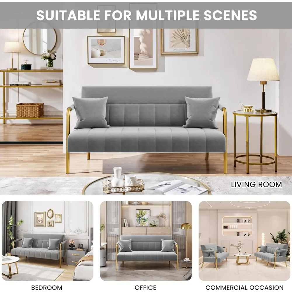 أريكة حديثة بقدرة 56.5 وات، أريكة صغيرة من القماش المخملي الفاخر، مع أذرع وأرجل معدنية ذهبية اللون لغرفة المعيشة #5