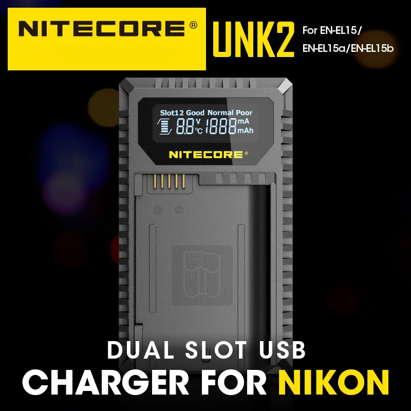 NITECORE UNK2 Caricabatteria per fotocamera intelligente USB a doppio slot per Nikon EN-EL15 EN-EL15a EN-EL15b D500 D600 D810 D7500 Z6 D800E D7000