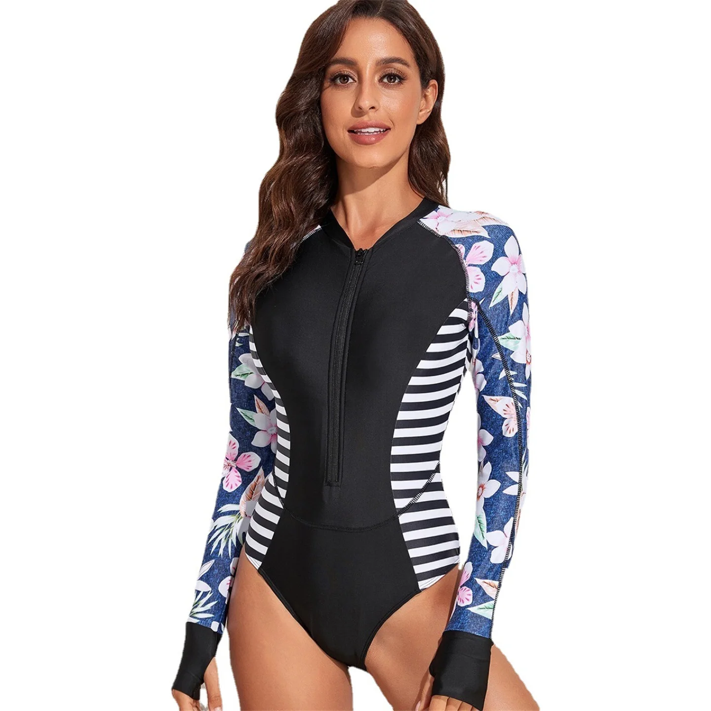 Summer Women Long Sleeved Front Zipper Rash Guards Bikini Wetsuit Surfing One Piece Suit Snorkeling Diving Windsurfing Swimwear