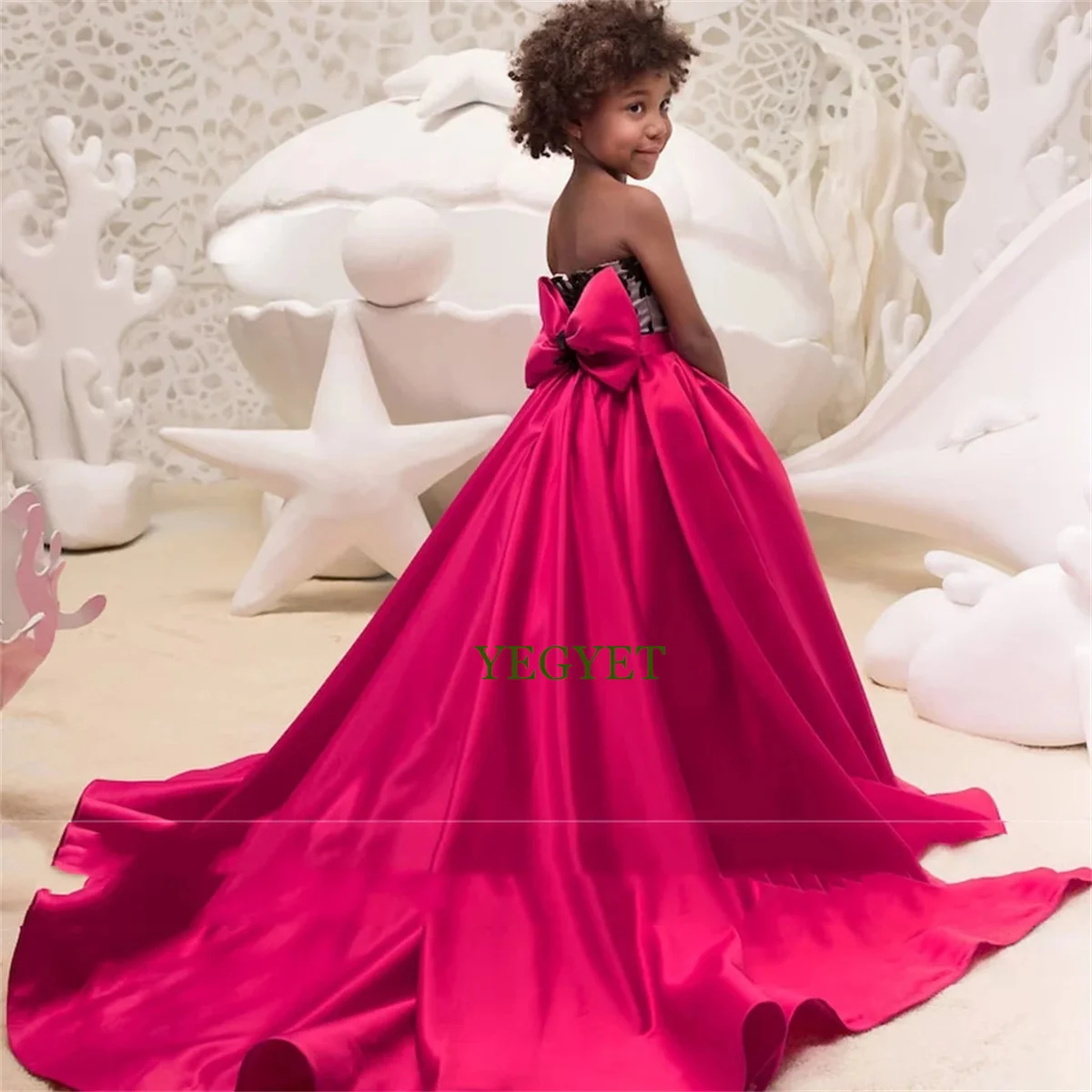 CuteGirl Dresses For Kid Child Flower Rose red Princess Sleeve Flower Dress Custom Color Child Wedding Party Maxi Ball Gown Even