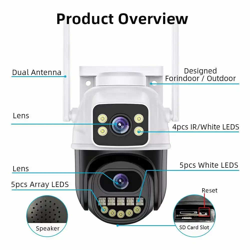 iCsee 앱 6MP 5배줌 듀얼 렌즈 풀컬러 무선 PTZ IP 돔 카메라 AI 휴머노이드 감지 홈 시큐리티 CCTV 베이비 모니터