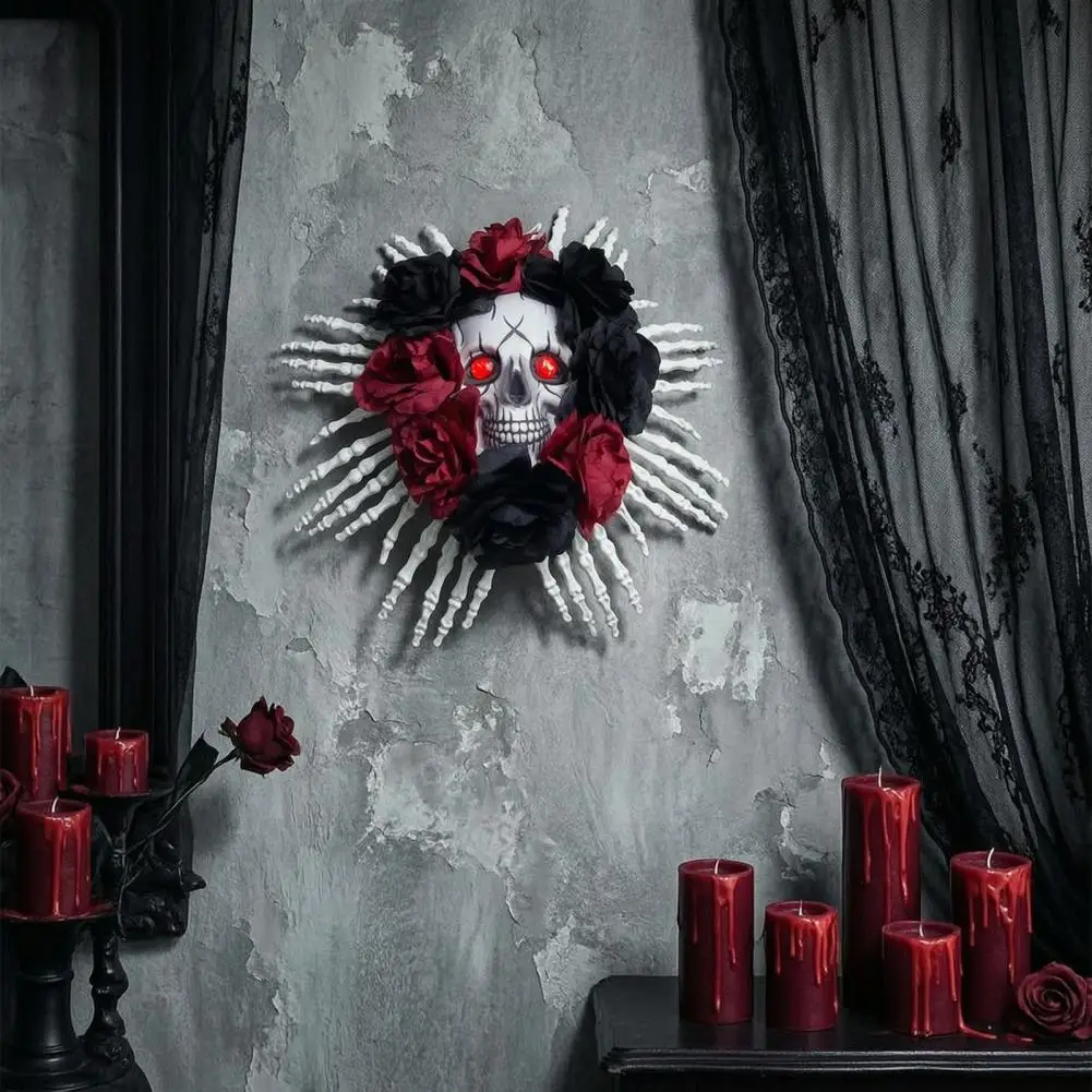 Halloween Skull Wreath with Led Lights Rose Door Decor for Home Halloween Skull Wreath for Front Door Skeleton Hands with Black