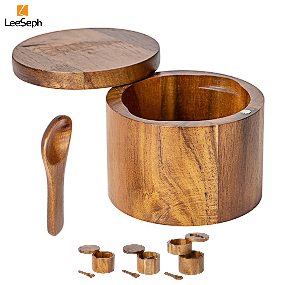 Acacia Wood Salt and Pepper Cellar with Magnetic Swivel Lid and Wood Spoon, Seasonings Container Holder for Spices Sugar Pepper