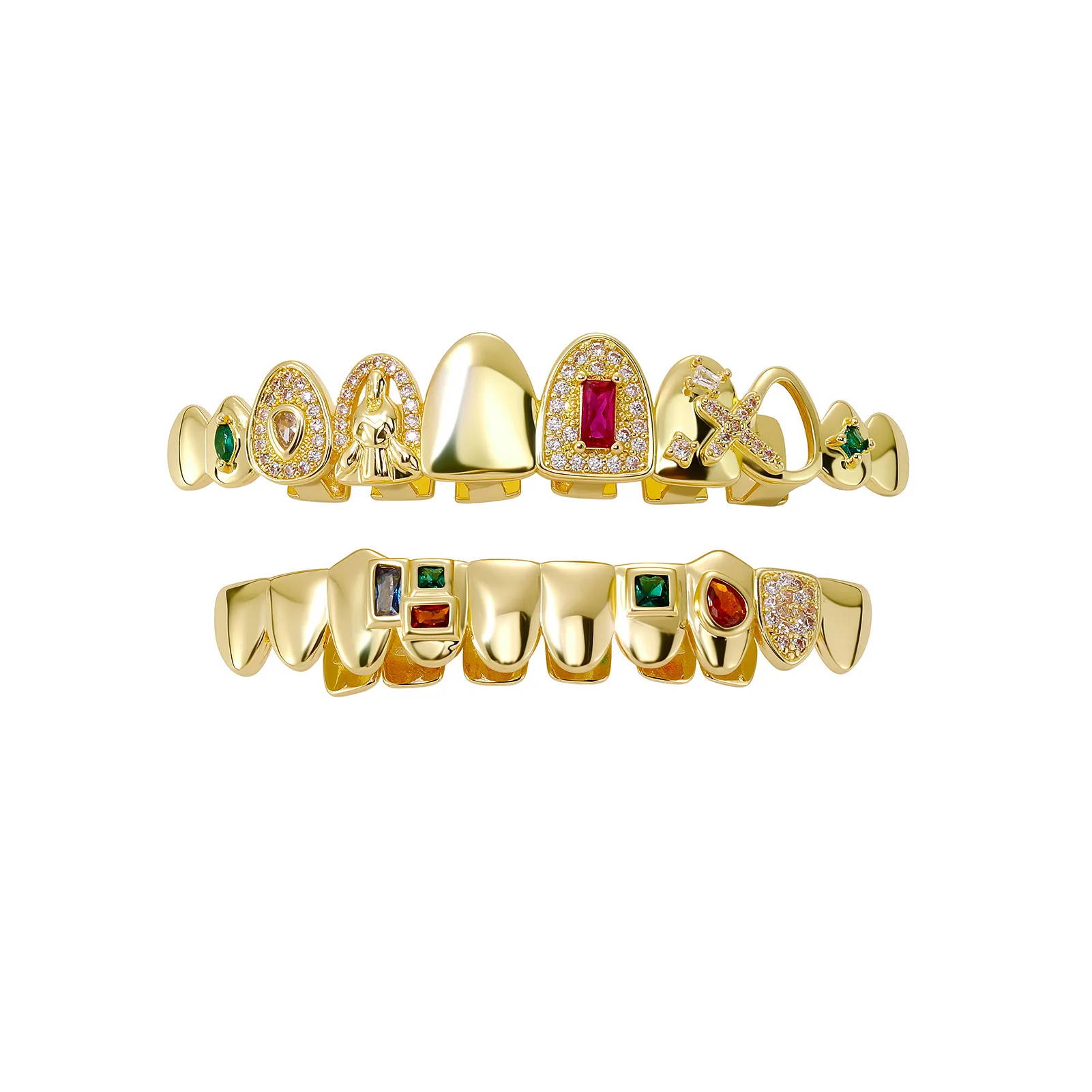 Iced Out Grillz Teeth Jewelry Colorful CZ Zircon Hip Hop Fashion Mouth Accessory Gold Silver Tooth Cover Rapper Style Wholesale