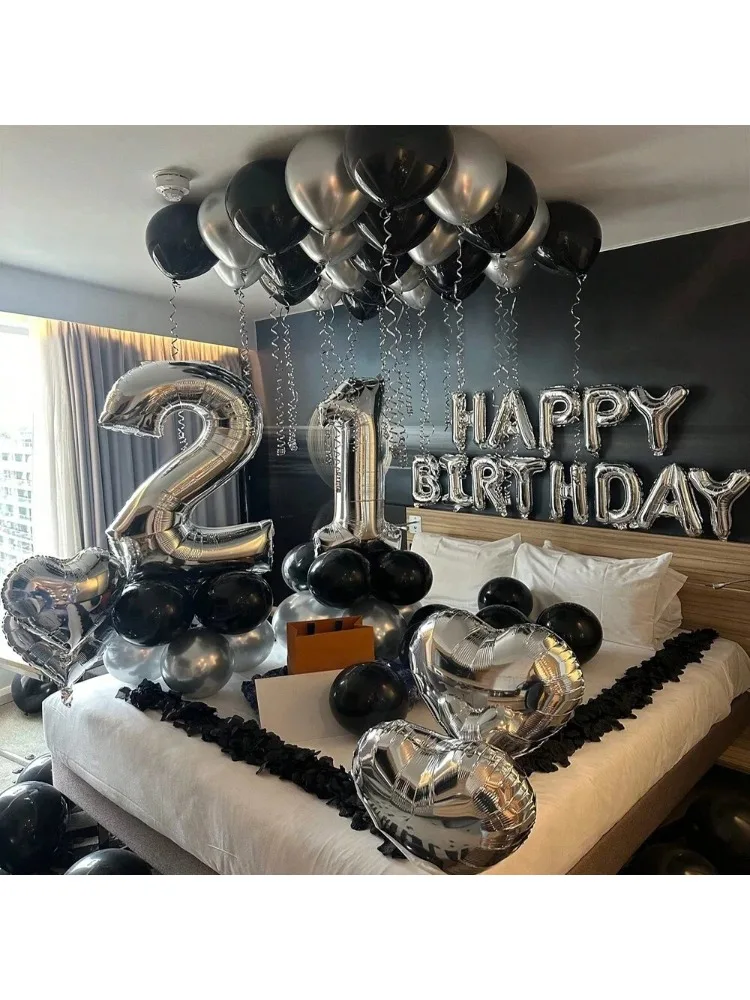 1050 Stück Schwarz-Silberne Partyballons Dekorationen mit Silbernem Happy-Birthday-Banner Chrom-Silber-Ballons für Kinder und Erwachsene