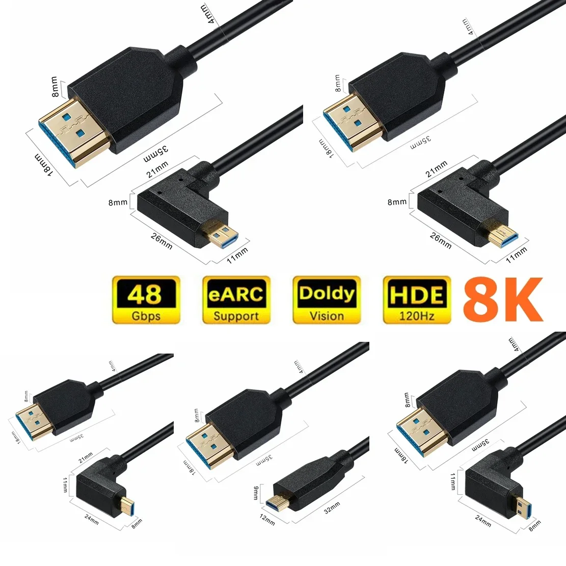 كابل مايكرو HD إلى HDMI بزاوية 90 درجة 2.1 فولت 48 جيجابت في الثانية eARC HDR10 HDCP2.2 كابل 0.3 متر لمراقبة بطاقة الرسومات للكاميرا