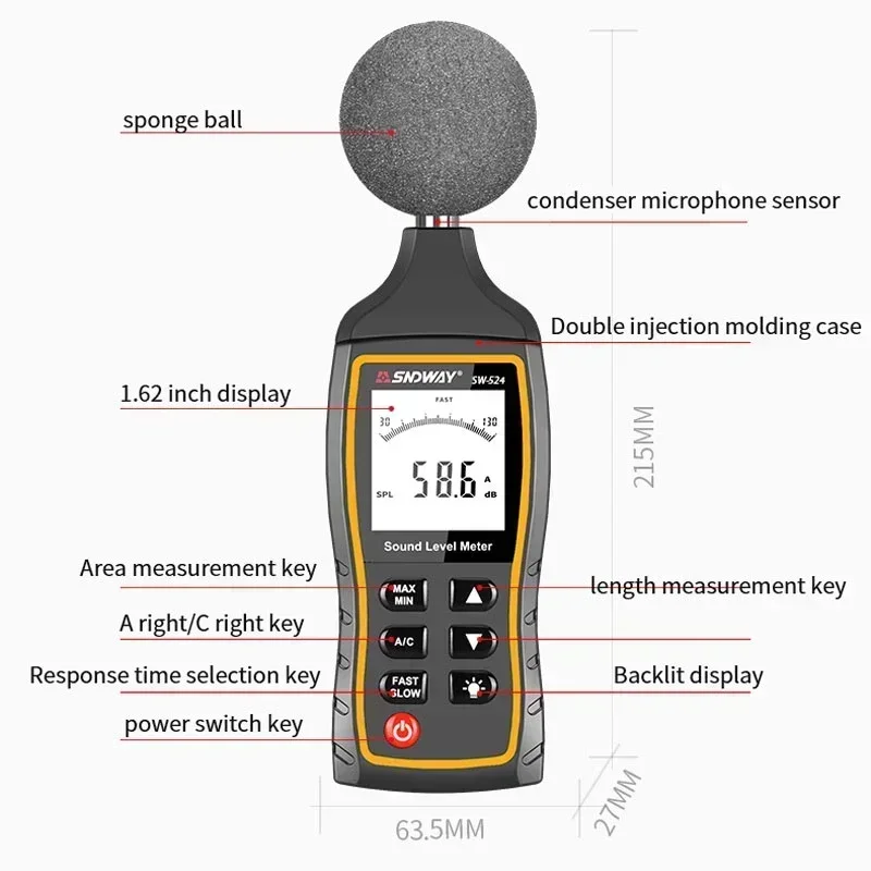 SNDWAY SW 523 524 Sound Level Meter 30 to 130 dB Detector Digital Professional Decibelimeter Noise Level Decibel Meter