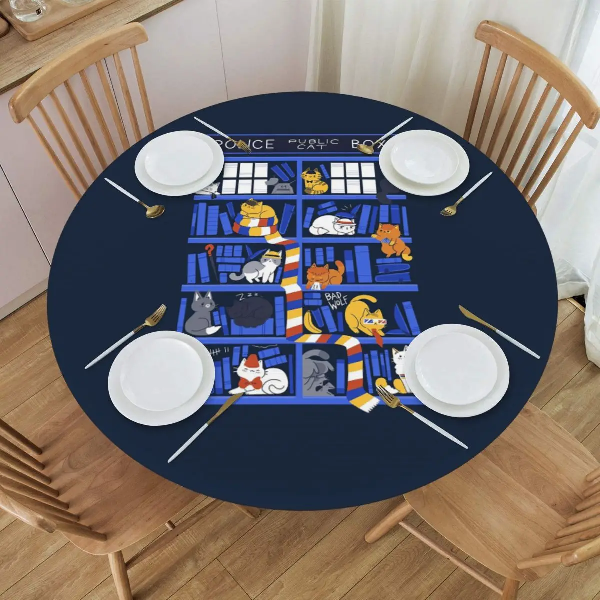 Library Box Who Waterproof Round Tablecloth Oilproof Table Cloth for Kitchen Events Dining Table Cover