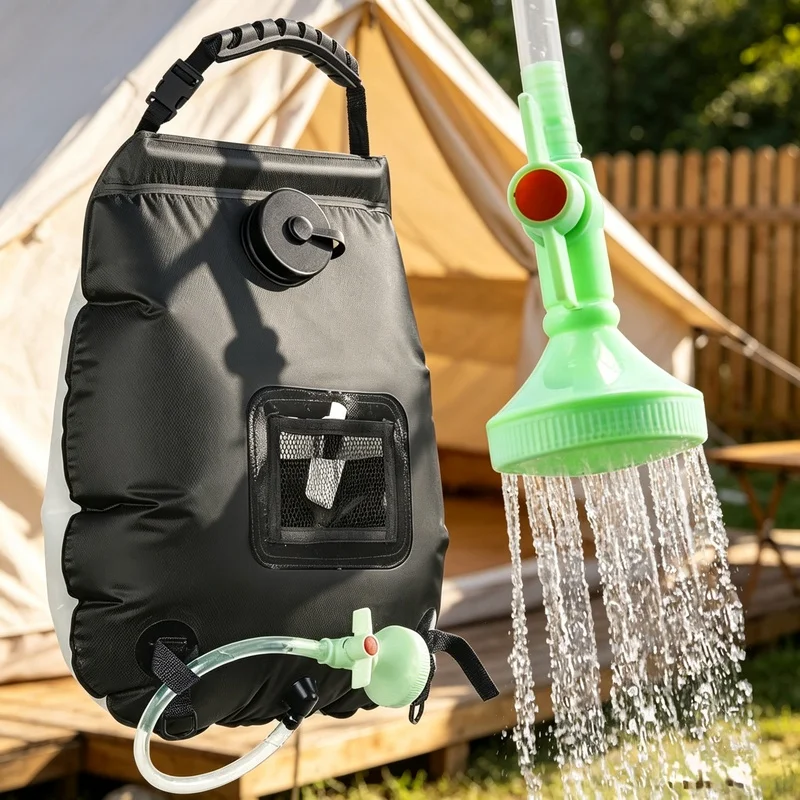 Bolsa de ducha solar para acampar de 20L (5 galones), bolsa de agua para baño al aire libre con calentamiento solar de color verde militar para uso en viajes, senderismo y acampada