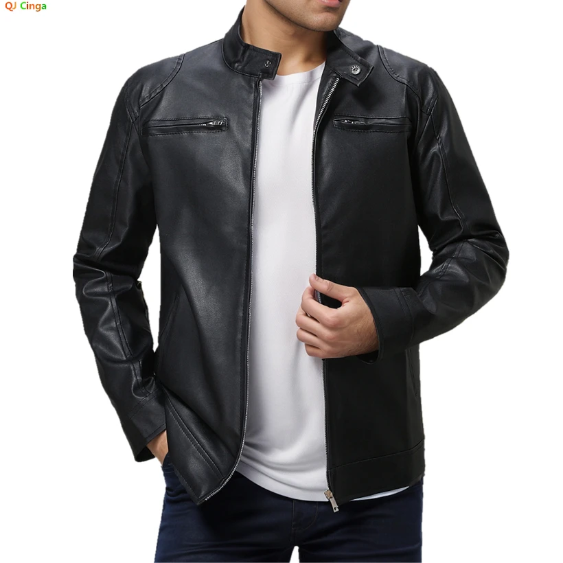 Black Men's Standing Collar PU Jacket Zipper Control Switch Faux Leather Coat Fashion Casual Tops Windbreaker M-5XL