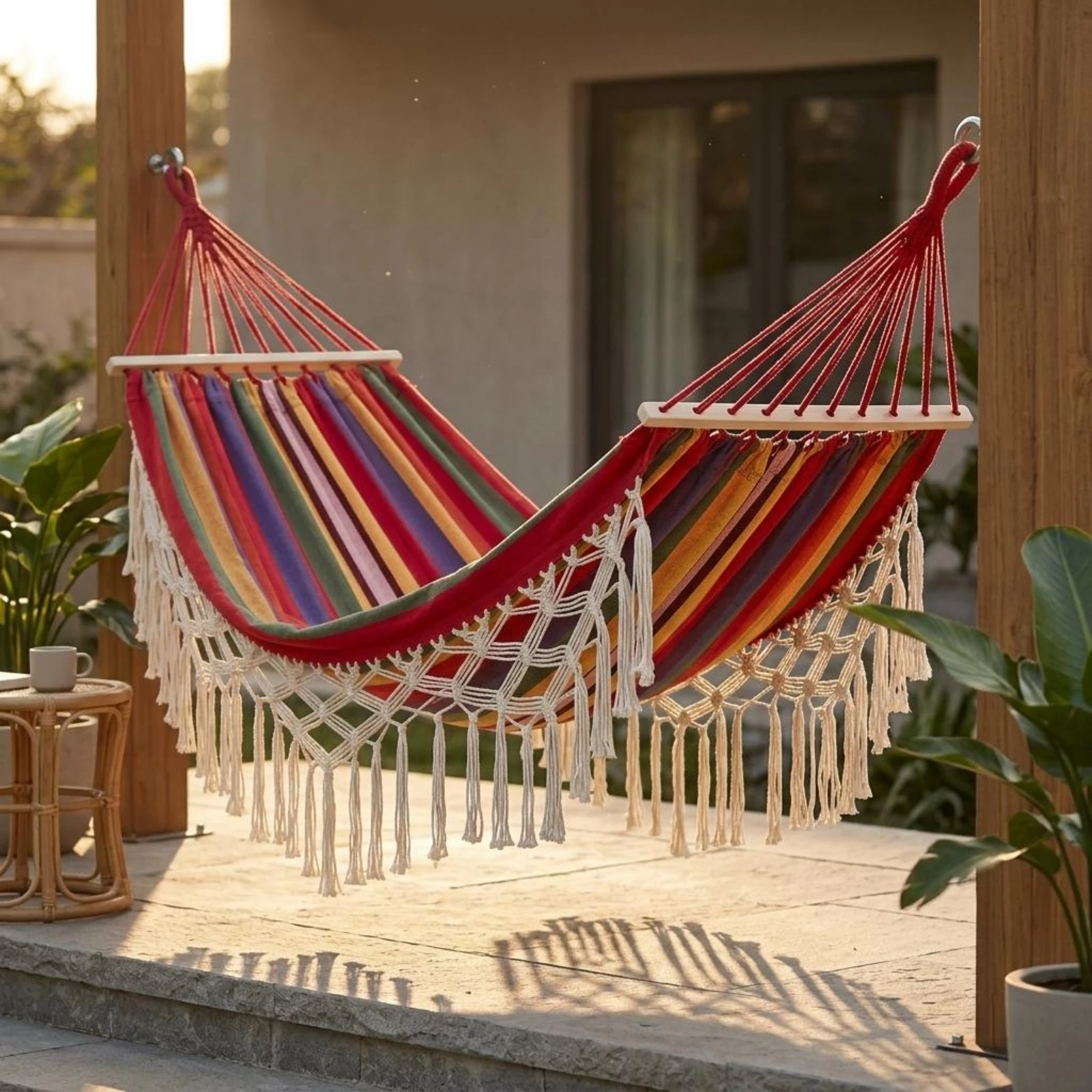 Double Hanging Lounger Wooden Spreader Rods Macrame Hanging Lounger Swing Bed Woven Canvas Outdoor Furniture Boho Design