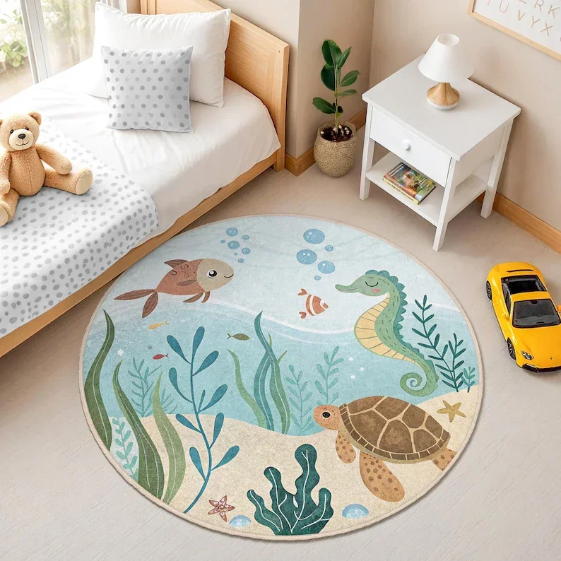 Cute Under the Sea Ocean Life Round Area Rug for Nursery Kids Room Decor Beach Theme