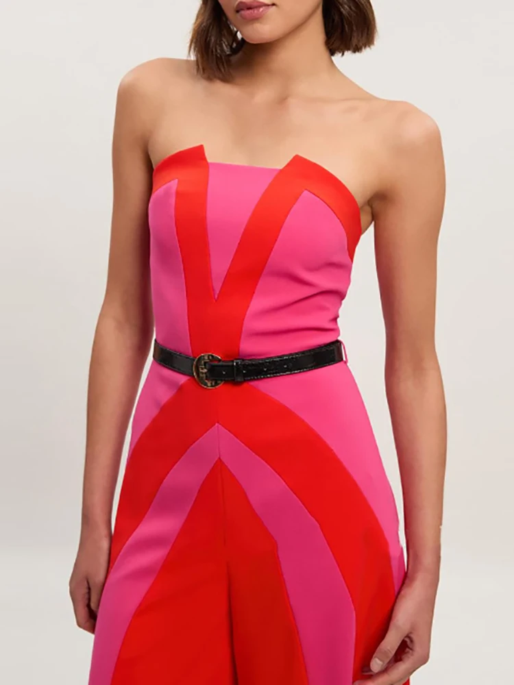 

Casual Backless Straight Pants Rompers Ladies Sexy Strapless Summer Jumpsuit Elegant Color Blocked Sleeveless Banquet Playsuit