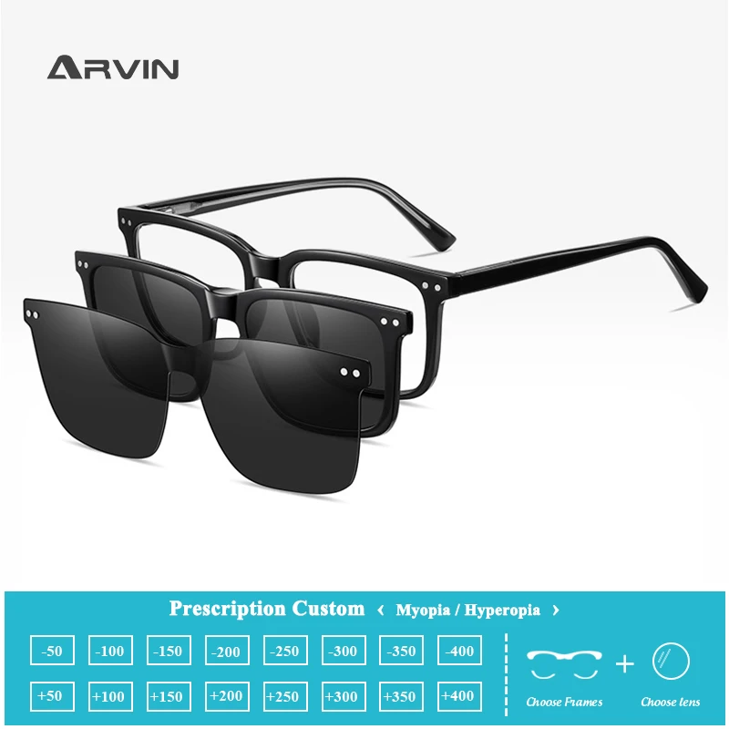 3 In 1 Magnetic Clip Polarized Sunglasses Square Clear Anti Blue Light Reading Glasses Customizable Prescription Spectacles